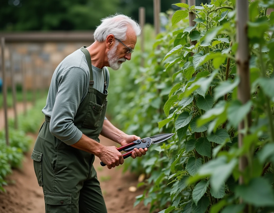 Homme taillant des plants de tomates dans un potager en plein été