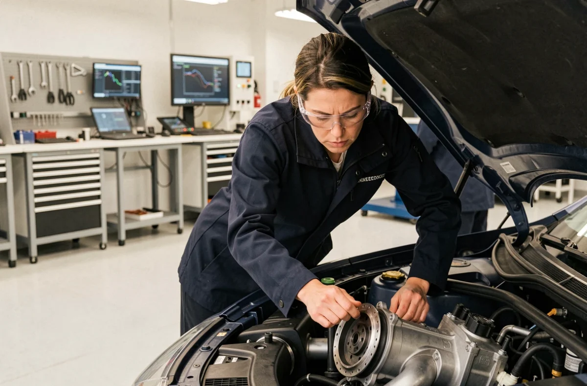 Ingénieure automobile inspectant le groupe motopropulseur hybride d'un véhicule prototype dans un laboratoire de recherche et développement