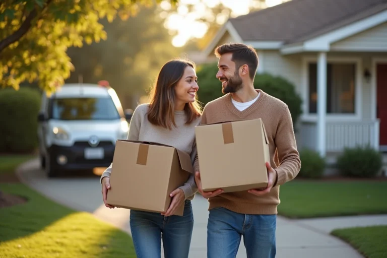 Jeune couple souriant sortant des cartons devant leur maison