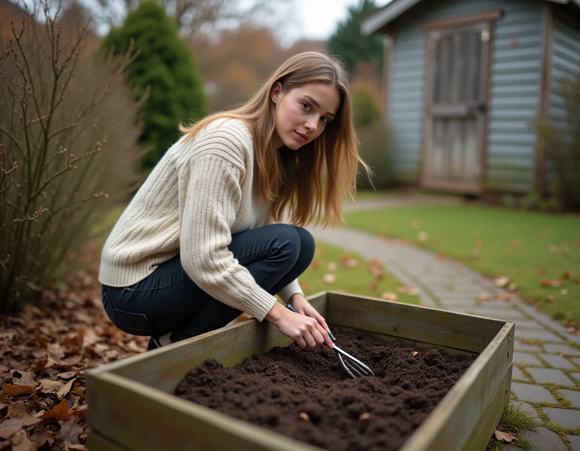 Jeune femme retournant le compost dans un jardin en automne avec une fourche