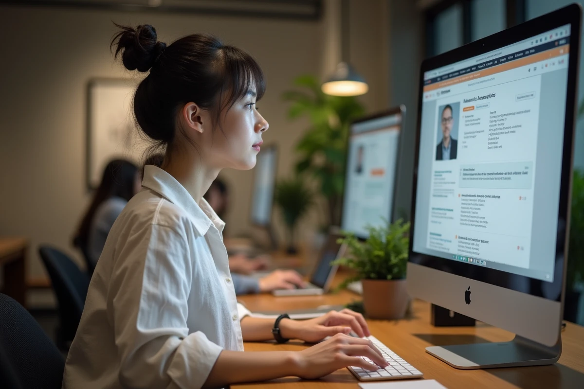 Jeune femme accédant à ses messages dans l'espace membre Wannonce depuis un ordinateur de bureau en coworking
