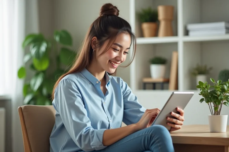 Jeune femme souriante utilisant une tablette pour réserver un rendez-vous médical