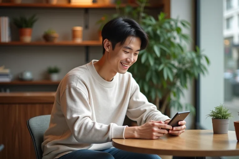 Jeune homme asiatique souriant dans un café cosy