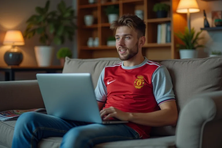 Jeune homme regardant un match de football sur son laptop dans un salon