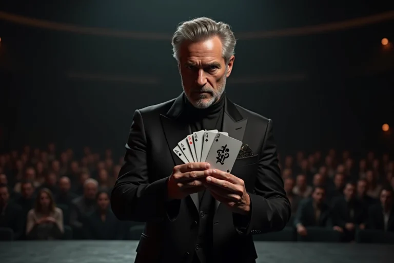 Magicien professionnel en costume noir réalisant un tour de cartes sur scène dans un théâtre moderne