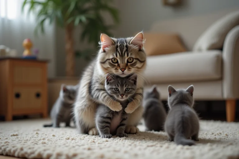 Chaton gris porté par sa mère dans un intérieur cosy