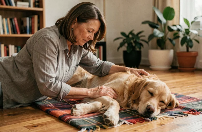 Femme massant la patte d'un golden retriever souffrant de douleurs chroniques, allongé sur un plaid dans un salon chaleureux