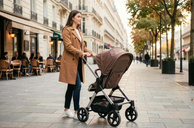 Jeune mère stylée poussant une poussette légère sur un boulevard parisien en automne