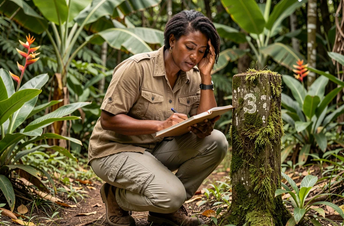 Naturaliste guadeloupéenne étudiant la faune locale sur un sentier de forêt tropicale en Guadeloupe