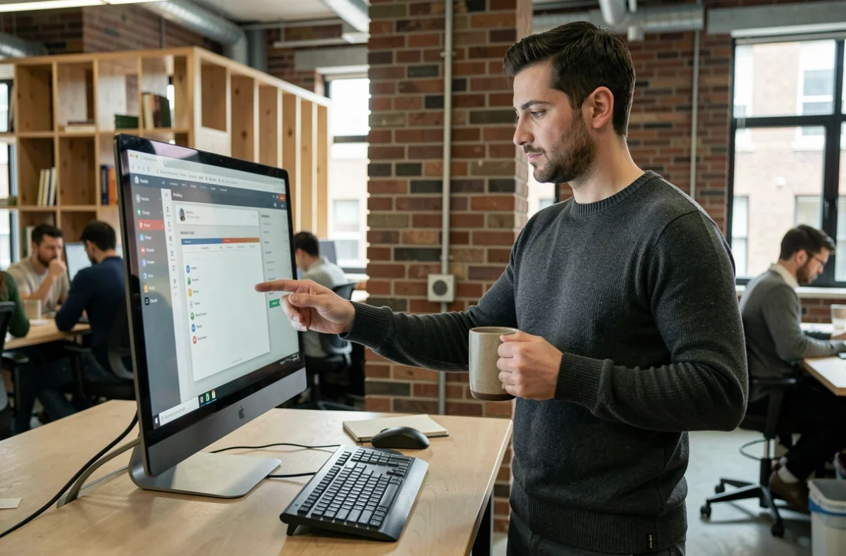 Homme naviguant sur une plateforme numérique dans un espace de coworking moderne