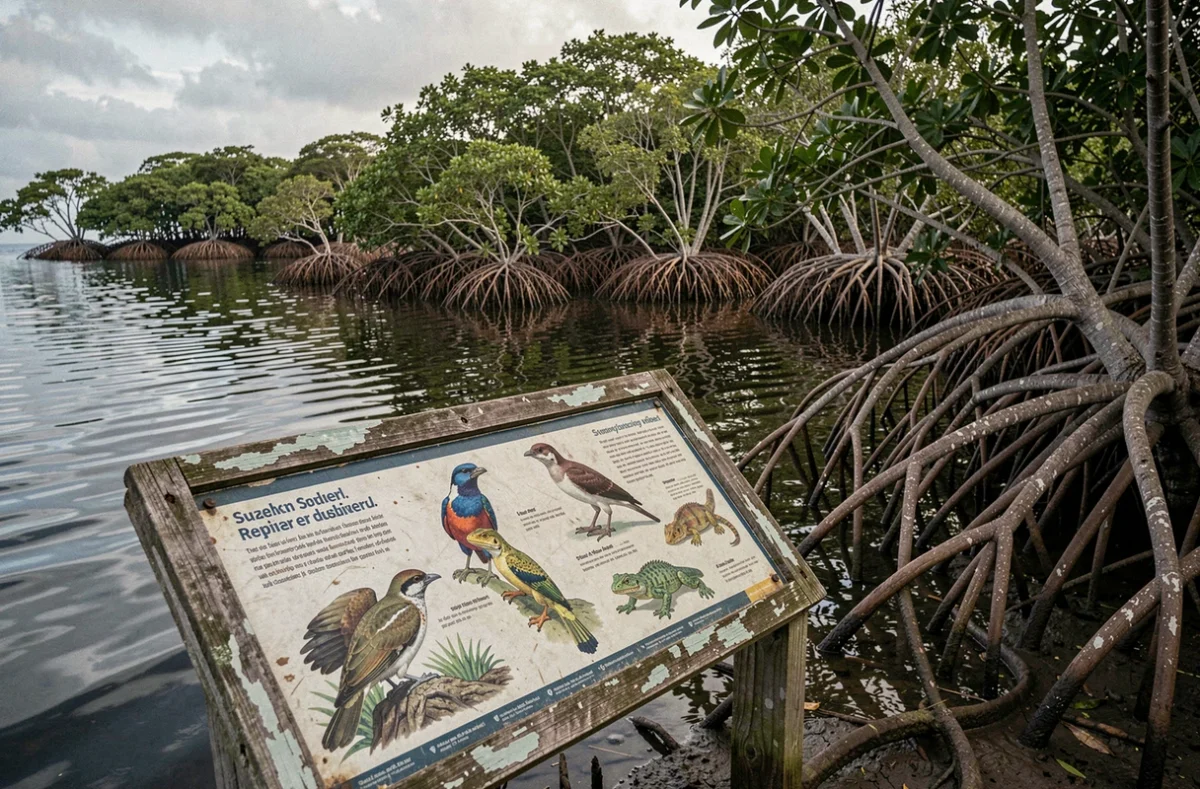 Panneau d'information sur la faune de Guadeloupe devant une mangrove, illustrant l'absence de serpents sur l'île