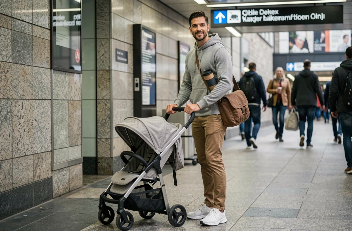 Père urbain actif repliant une poussette compacte à l'entrée du métro en ville
