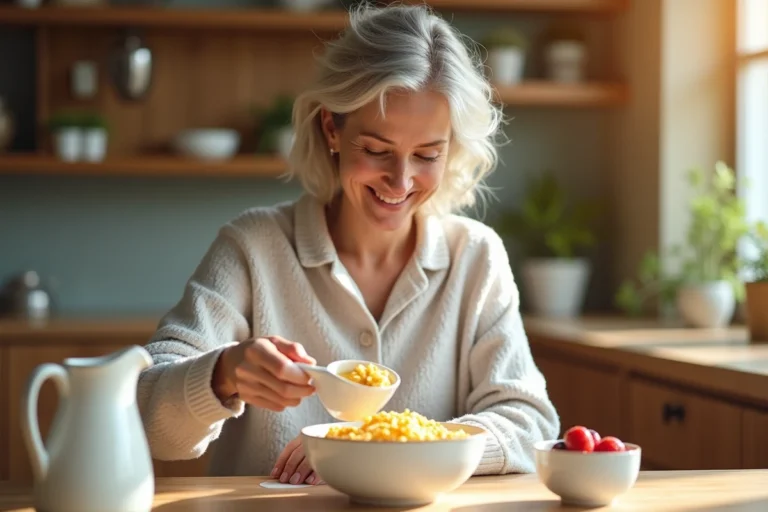 Femme souriante dans pyjama verse des cereales dans un bol