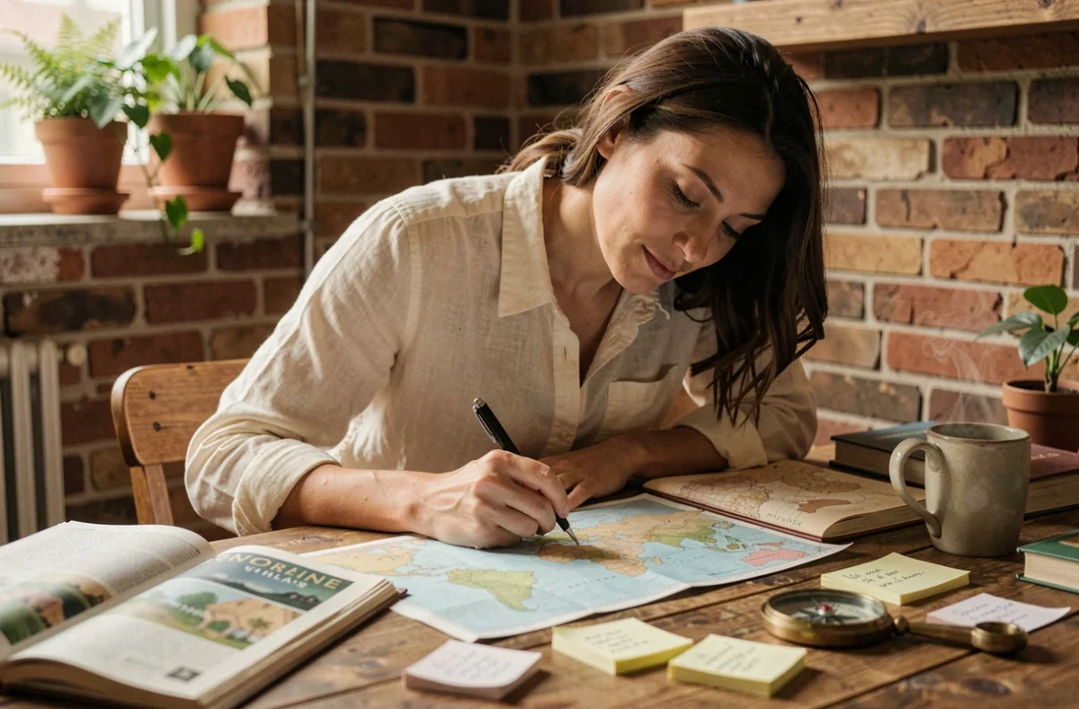 Femme planifiant un voyage sur mesure à son bureau avec cartes et guides de voyage