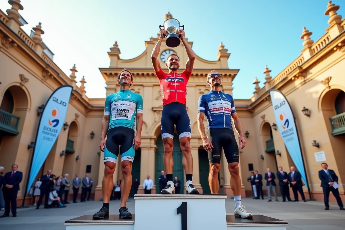 Cérémonie de podium d'un Grand Tour cycliste avec le vainqueur brandissant le trophée devant une architecture historique espagnole