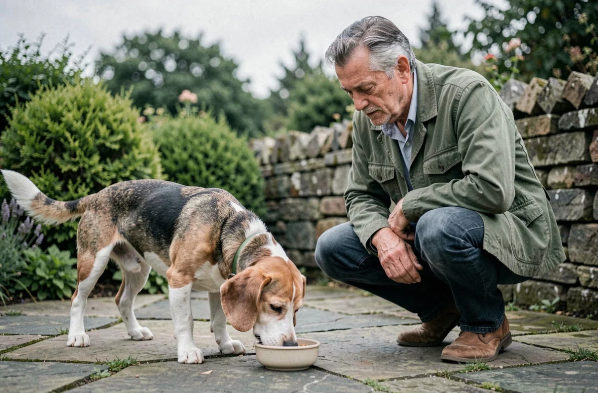 Propriétaire administrant un complément à base d'harpagophytum à son vieux chien beagle dans un jardin, pour soulager ses douleurs articulaires