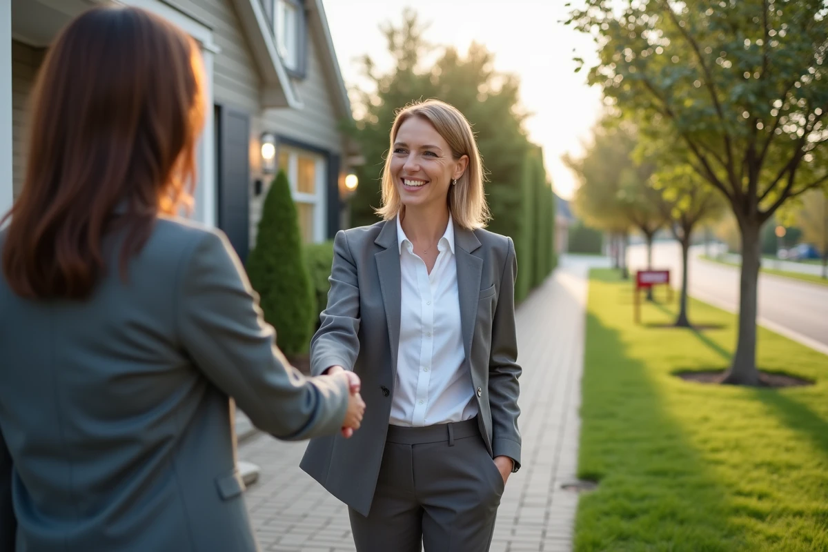 Femme souriante serrant la main d'un agent immobilier devant une maison