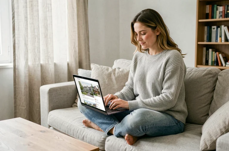 Jeune femme cherchant un logement sur une plateforme immobilière en ligne depuis son salon