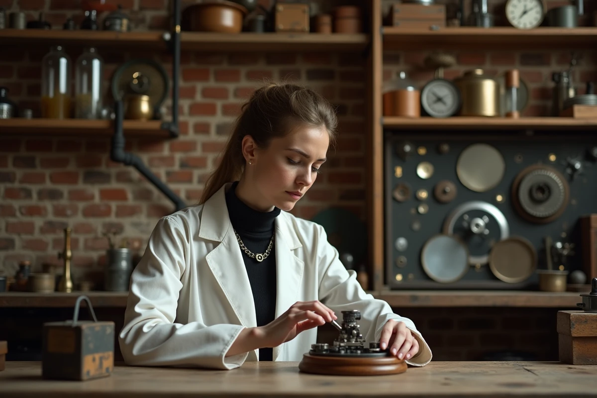 Femme scientifique inspectant un dispositif d'illusion mécanique dans un atelier de magie backstage