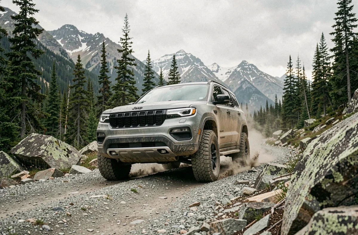 SUV électrique tout-terrain garé sur un sentier montagneux rocheux entouré de forêts de pins et de sommets enneigés