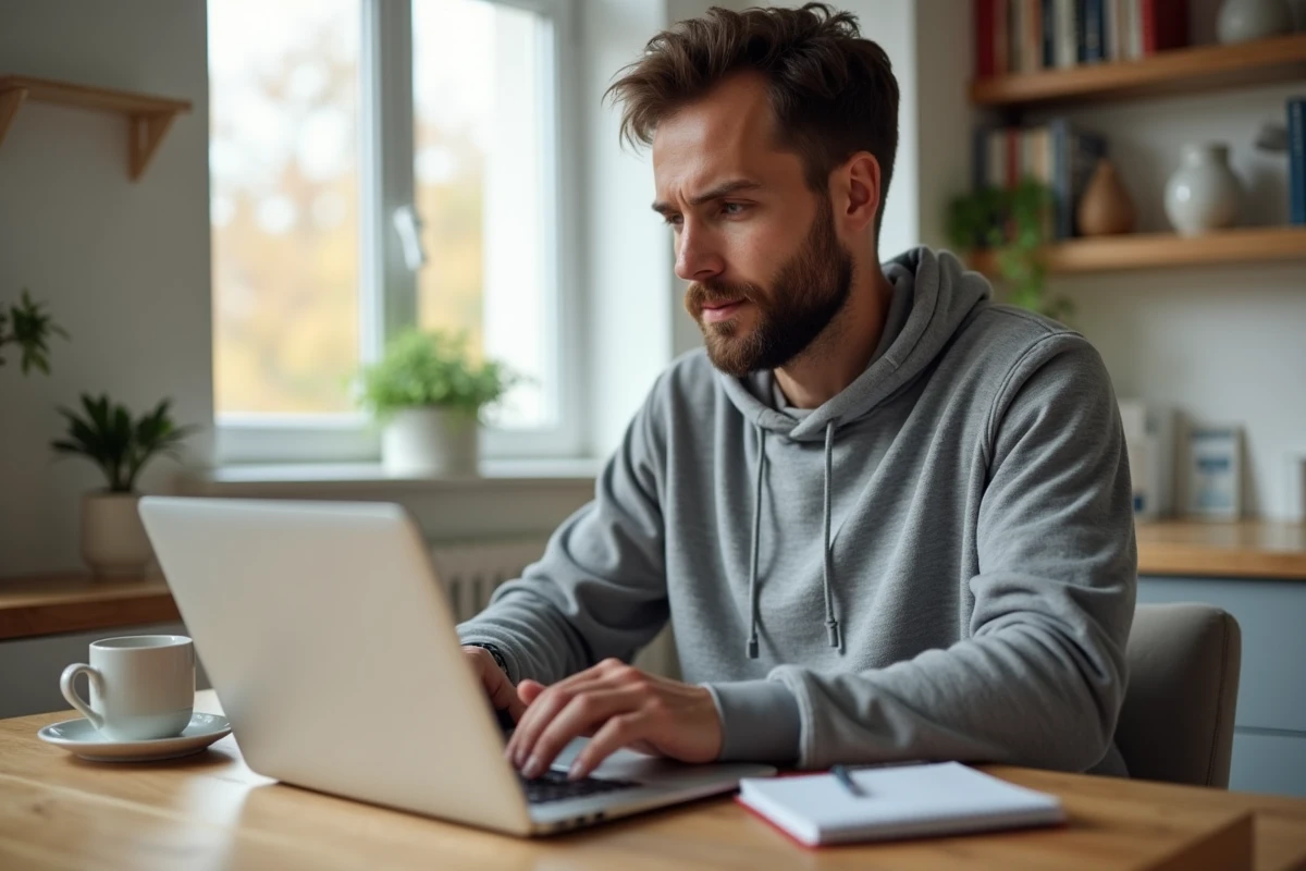 Jeune homme consultant les conditions de cumul emploi chômage depuis son domicile sur ordinateur