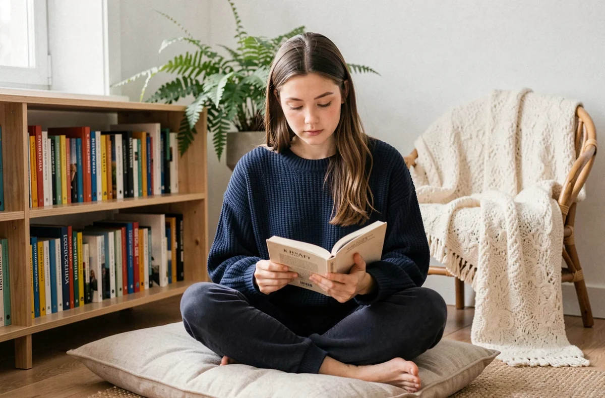 Jeune femme lisant un livre sur un coussin en lin dans un salon scandinave chaleureux et bien décoré