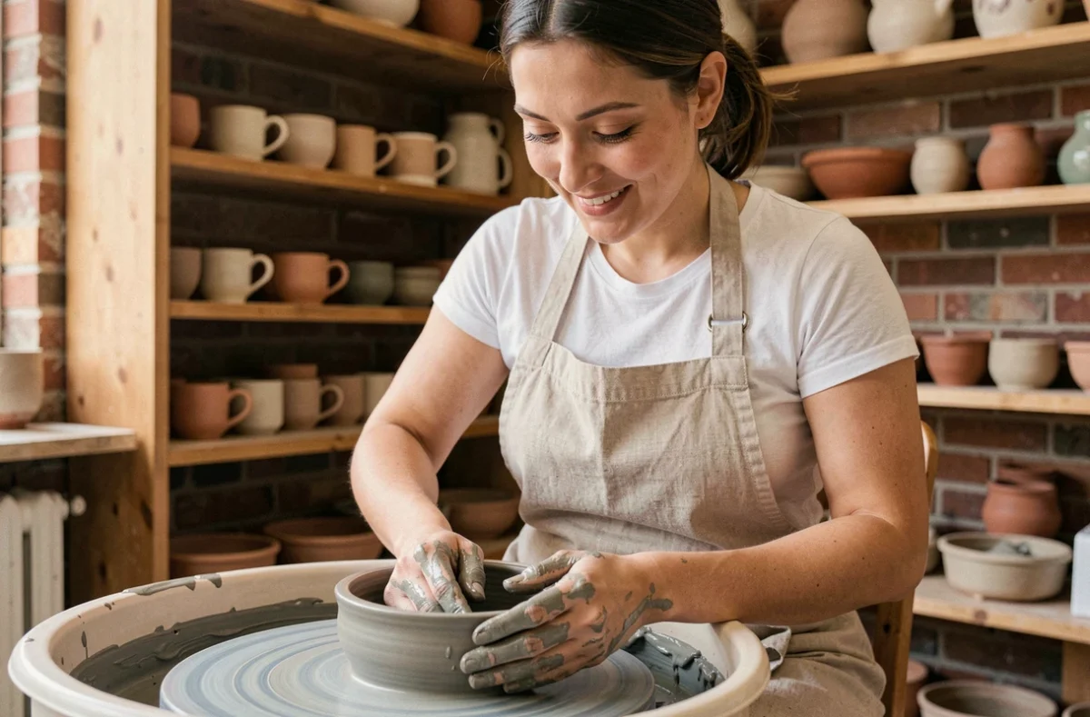 Femme façonnant un bol en céramique sur un tour de poterie dans un atelier artisanal aux murs en briques apparentes