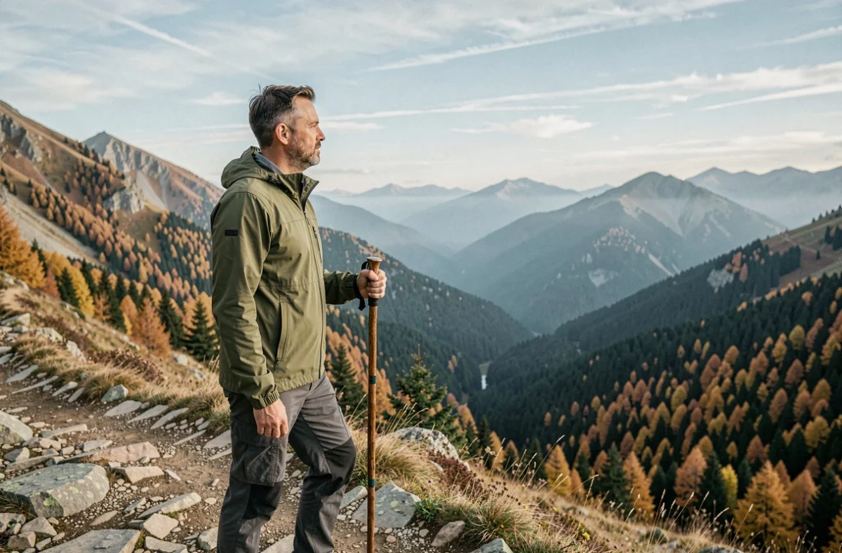 Homme en veste de randonnée observant une vallée boisée en automne depuis un sentier de montagne rocheux