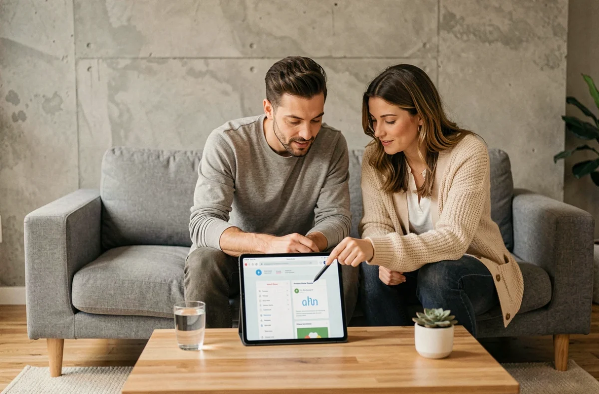 Deux personnes consultant un tutoriel de plateforme web sur une tablette dans un salon moderne
