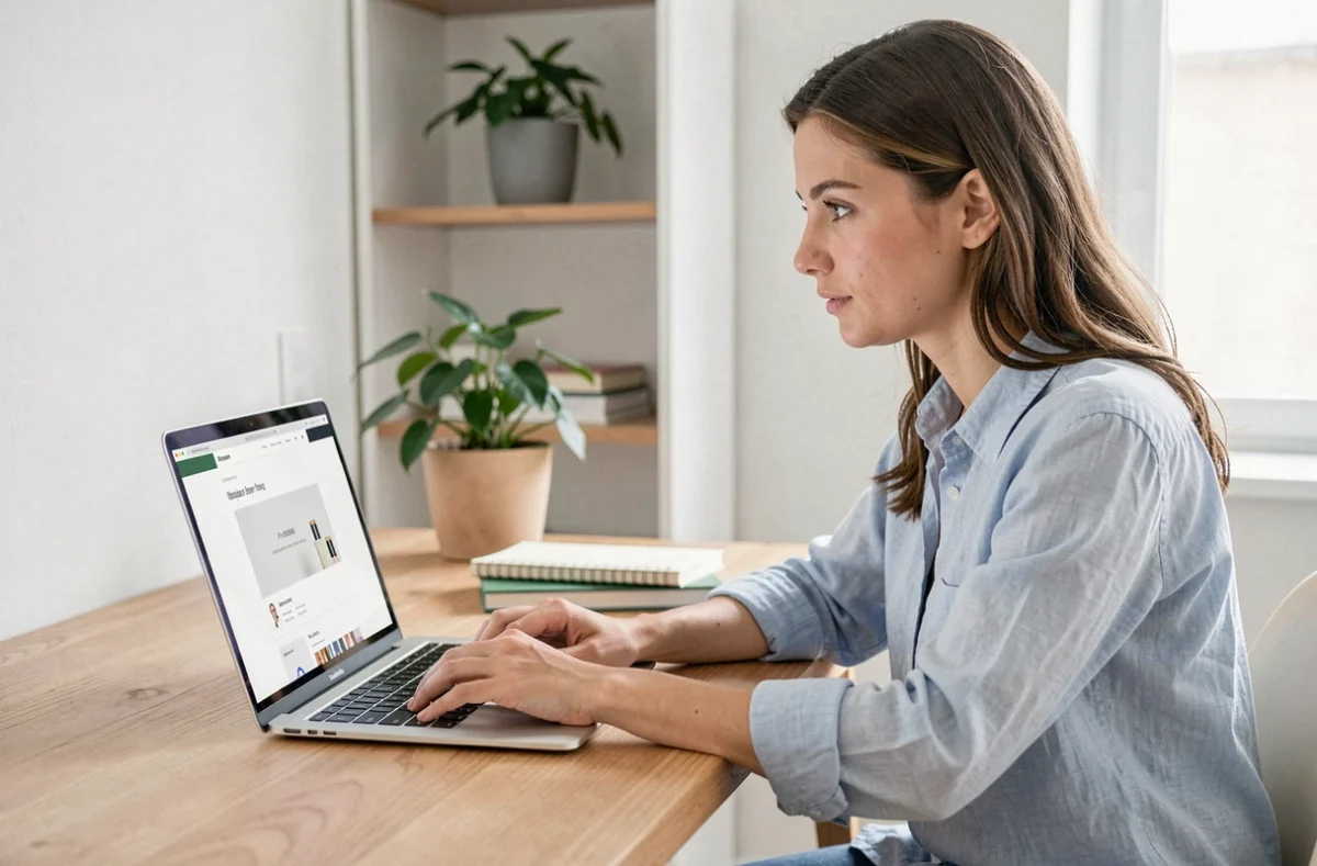 Femme utilisant une plateforme en ligne sur son ordinateur portable dans un bureau à domicile moderne