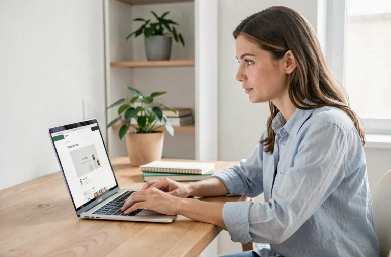 Femme utilisant une plateforme en ligne sur son ordinateur portable dans un bureau à domicile moderne