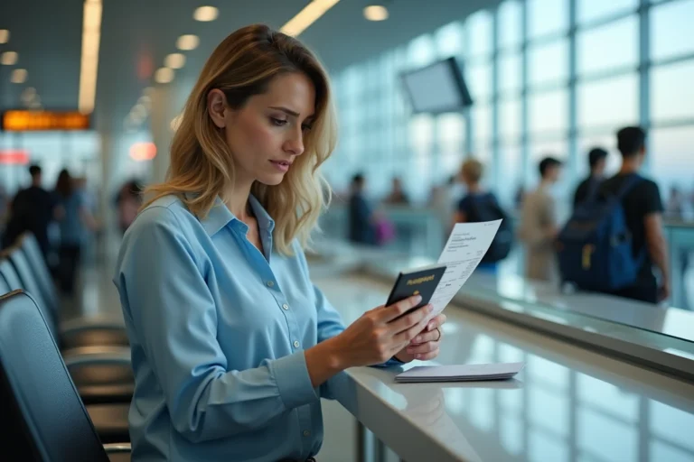 Femme vérifiant son billet d'avion et son passeport au comptoir d'enregistrement d'un aéroport international