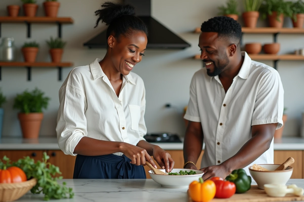 Yseult et son partenaire cuisinant ensemble dans une cuisine moderne avec une atmosphère chaleureuse et authentique