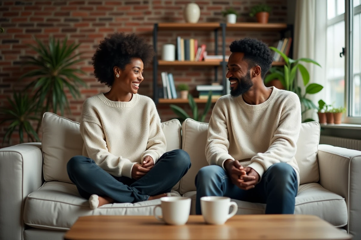 Yseult et son compagnon partageant un moment de complicité et de rires sur un canapé dans leur appartement cosy