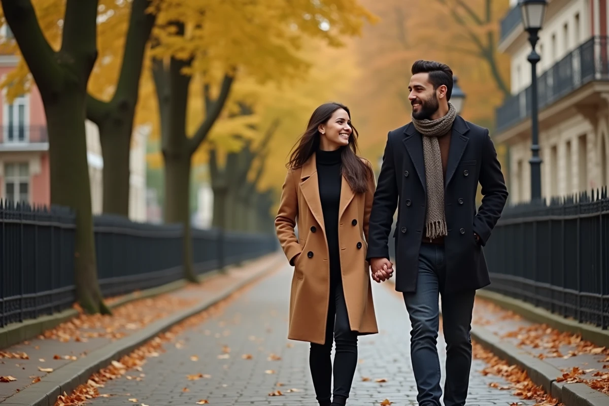 Couple se promenant main dans la main dans une rue pavée parisienne en automne, entourés de feuilles dorées